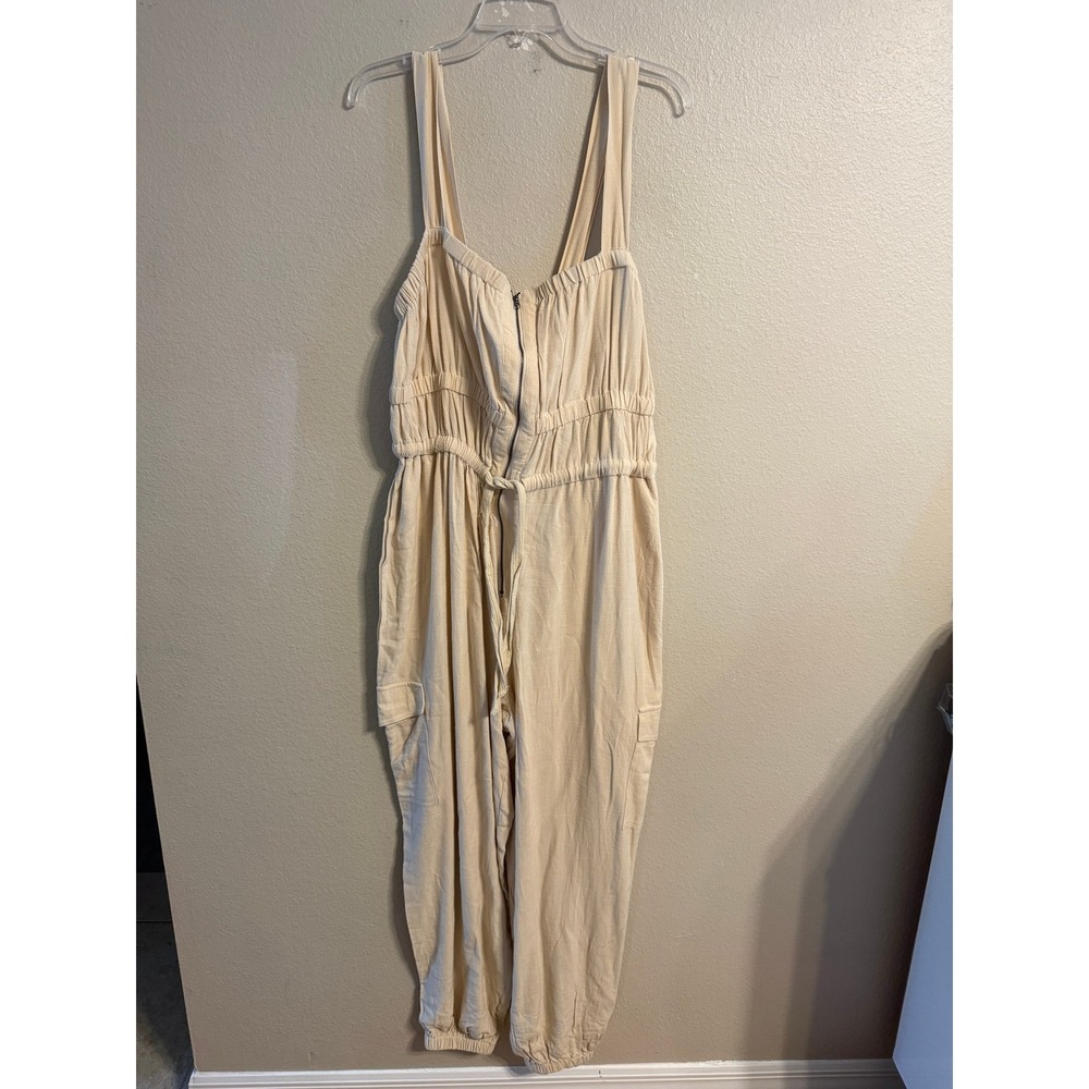 Fashion Nova Lia Jumpsuit Beige Linen Blend Cargo Utility Jogger 1X LR70010FN